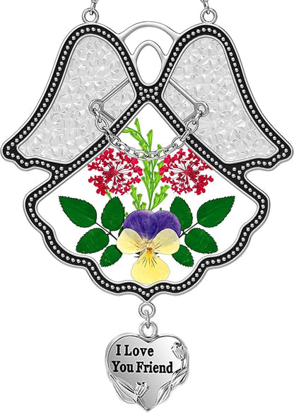 KY&BOSAM Angel Suncatcher I Love You Frined Stained Glass Panels for Windows Hangings Wind Chime with Pressed Flower Glass with Metal Charm Birthday Gift for Women Friend Mothers Day Christmas Décor
