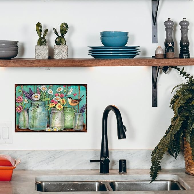 Korrazi Flowers-Sign Metal-Poster Wall-Art Bird-Décor, Colorful Rustic Style Flowers Jars, Yard Garage Farm Outside Garden Plaque Outdoor for Home Fence 8 X 12 Inch