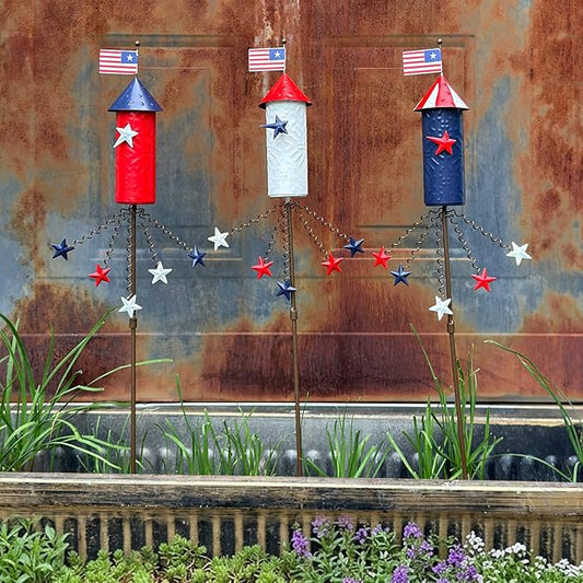 3 Pack Patriotic 4th of July Decorations Outdoor,23.6” Metal Americana Firework Decorative Garden Stakes for Independence Day Garden Decor, 3D Red White Blue Yard Signs for Lawn Porch