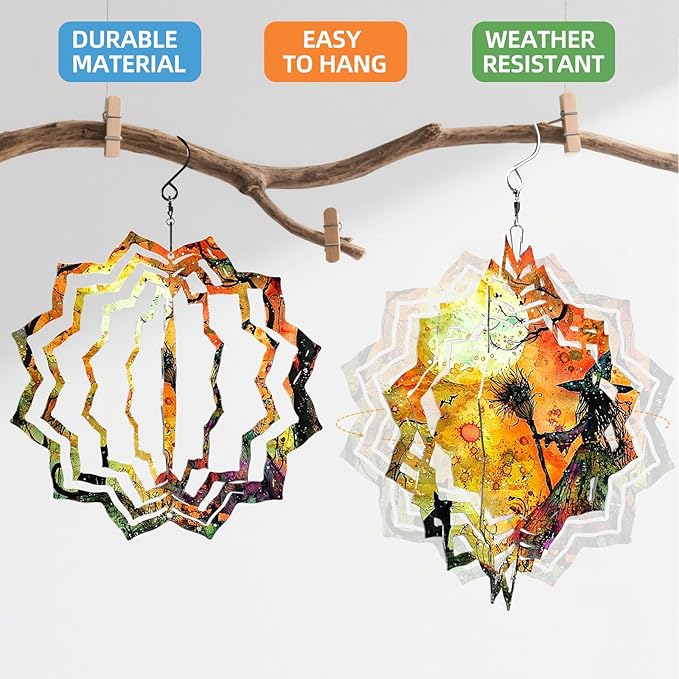 8 Inch Sublimation Wind Spinner, 3D Aluminum Metal Wind Spinner with Hook, Indoor Yard Garden Hanging Decoration, Weather Resistant Rotating Spiral Ornament, Witch and Black Cat