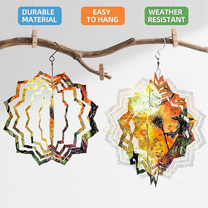 8 Inch Sublimation Wind Spinner, 3D Aluminum Metal Wind Spinner with Hook, Indoor Yard Garden Hanging Decoration, Weather Resistant Rotating Spiral Ornament, Witch and Black Cat
