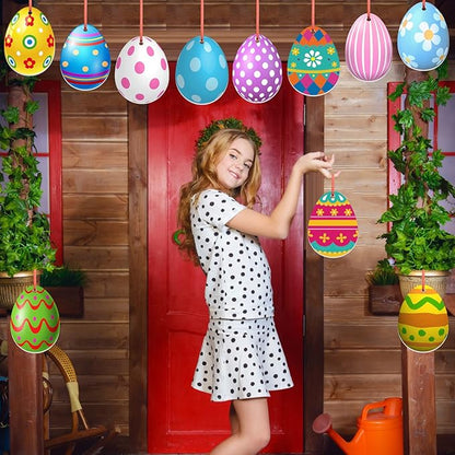 Rtteri 30 Pcs Easter Egg Outdoor Hanging Ornaments Colorful Double Sided Printing Tree Ornament Plastic Easter Egg Hanging Ornament for Porch Tree Yard Lawn Party