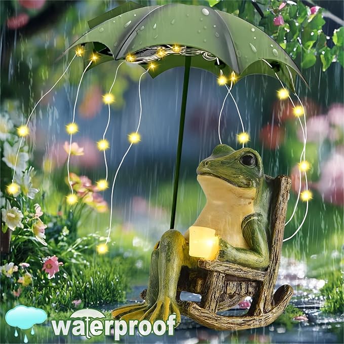 Solar Frog Garden Decor, Waterproof Resin Sitting Frog Statue with Umbrella & LED String Lights, Outdoor Fairy Garden Figurine for Patio Yard Lawn Ornament, Housewarming Gift for Women Mom