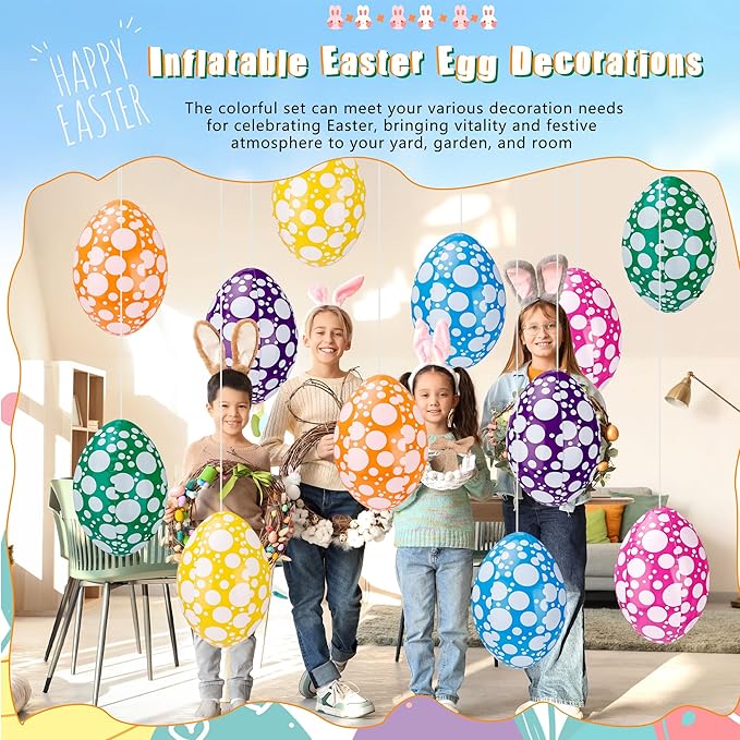 6 Pack 16 Inch Inflatable Easter Eggs Easter Blow up Egg Decor Hanging Inflatable Eggs Ornaments for Indoor Outdoor Party Yard, 6 Colors