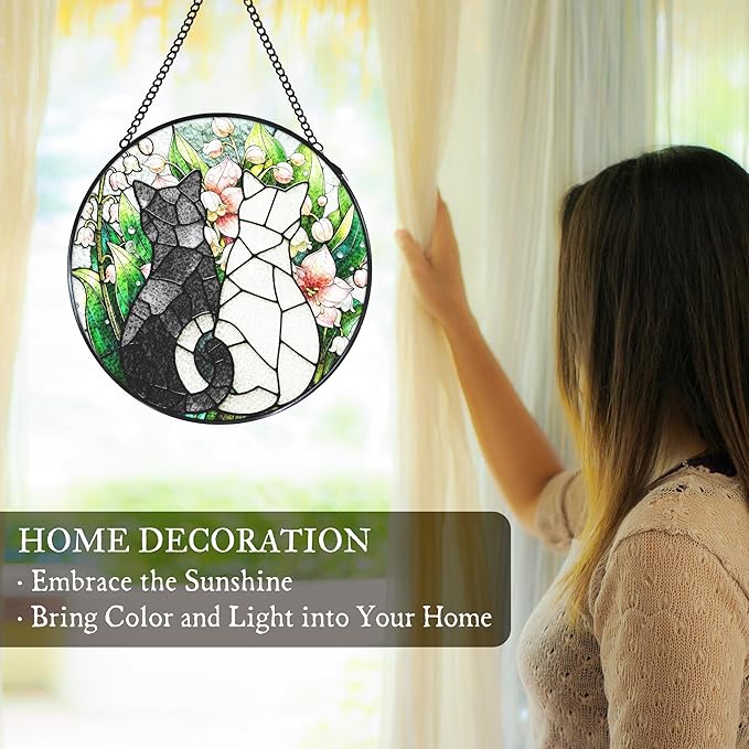 Black White Cats Stained Glass Window Hanging Suncatcher Gifts for Cat Lovers, Lily of The Valley Flower Sun Catcher Indoor Decor, Cat Plant Painted Glass Hanging Decorations, 7.8x7.8 in