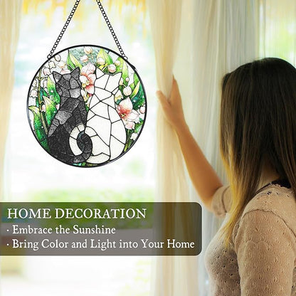 Black White Cats Stained Glass Window Hanging Suncatcher Gifts for Cat Lovers, Lily of The Valley Flower Sun Catcher Indoor Decor, Cat Plant Painted Glass Hanging Decorations, 7.8x7.8 in