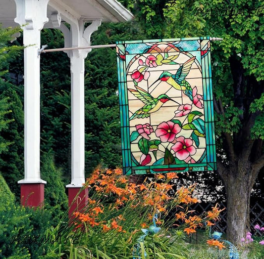 Spring Summer Hummingbird House Flag 28x40 Inch Double Sided, Stained Glass Floral Outdoor Flag Colorful Flower Large Yard Flag Seasonal Lawn Porch Farmhouse Decor