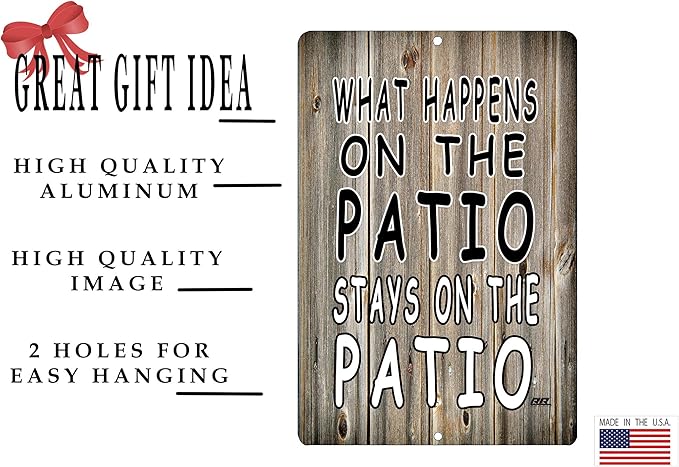 Rogue River Tactical Funny Sarcastic Metal Tin Sign Wall Decor Man Cave Bar What Happens on The Patio