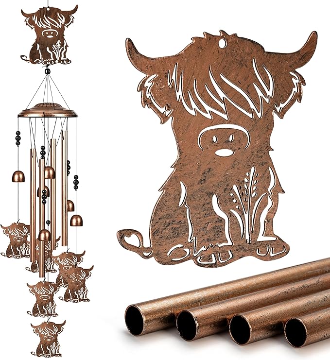 Highland Cow Wind Chimes Outdoor Decor Highland Cow Birthday Gifts for Women Mom Sister 34 Inch Metal Windchimes for Outside Porch, Garden, Yard Decoration