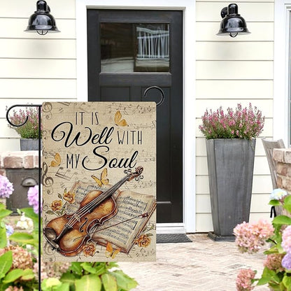 Dyrenson Inspirational It is Well with My Soul Decorative Garden Flag, Vintage Musical Yard Outside Home Decoration Music Lover Gift, Retro Violin Music Sheet Outdoor Small Decor Double Sided 12 x 18