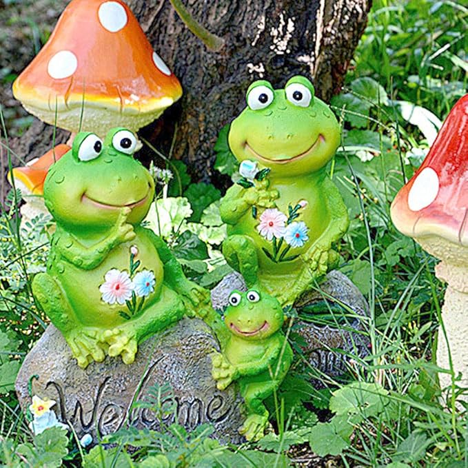 Frog Statue, Frog Welcome Sitting on Stone Figurine Landscape Resin Sculpture