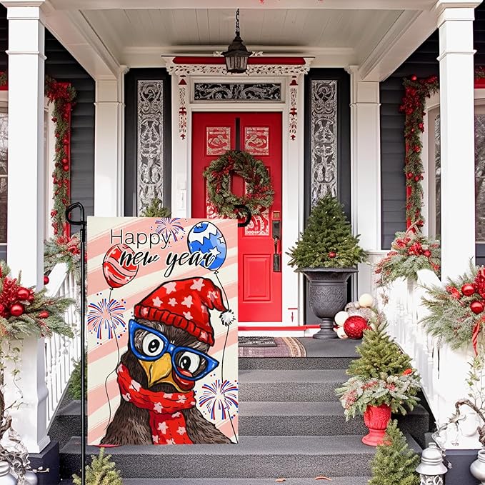 Happy New Year Chicken Garden Flag Funny Rooster with Glasses Balloons & Fireworks Yard Flags Holiday Cute Cock House Banners Decoration for Outdoor Lawn or Porch 12x18 Inch