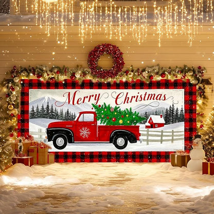 IVN Vintage Red Truck Christmas Tree Mountain Scene Garage door banner Door Cover Indoor And Outdoor Studio Background Hanging Decoration 13x6ft