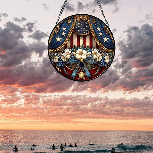 Stained Glass Window Hanging White Flower American Flag Element 7.8" - Suncatcher Door Garden Sun Catcher Home Decor Birthday Christmas for Mom Woman Friend Nana
