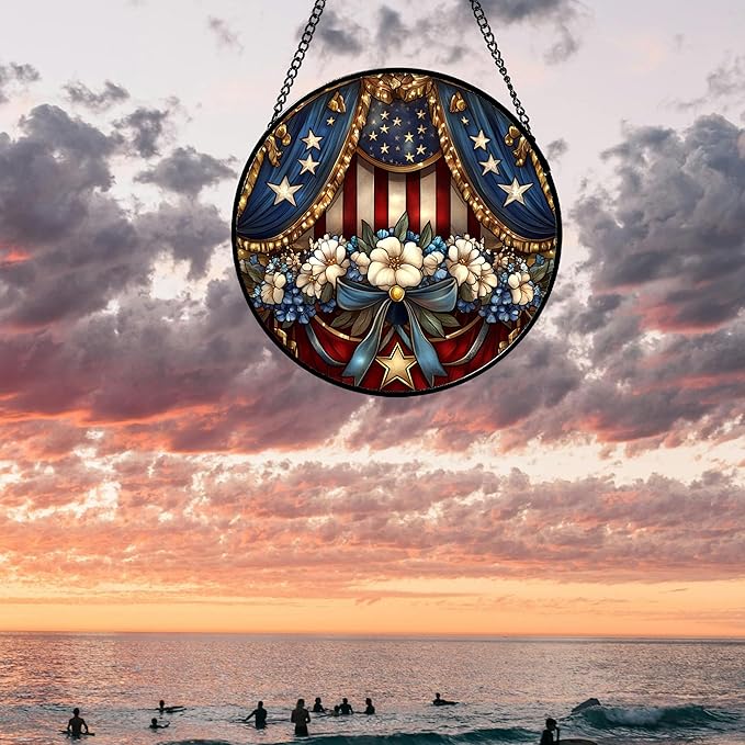 Stained Glass Window Hanging White Flower American Flag Element 9.8" - Suncatcher Door Garden Sun Catcher Home Decor Birthday Christmas for Mom Woman Friend Nana