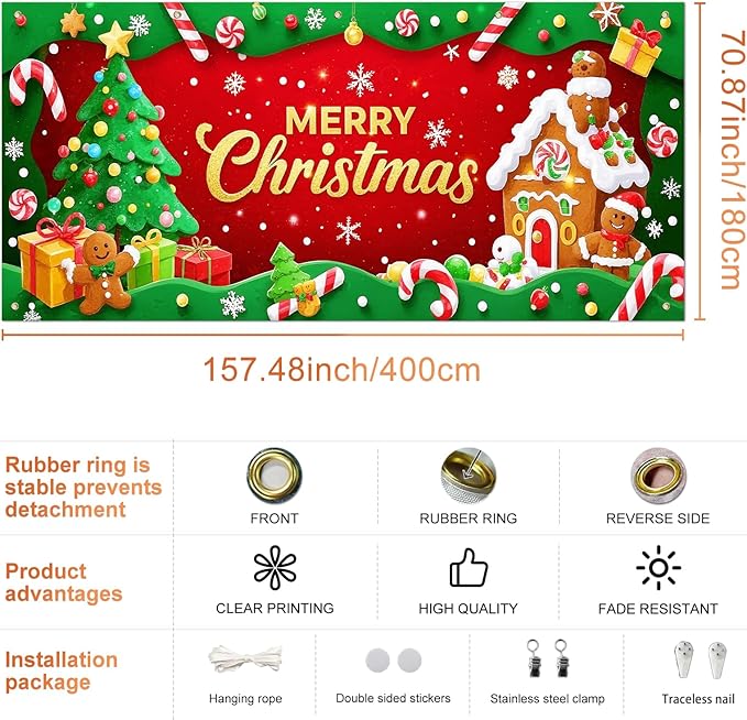 IVN Candy Cane Gingerbread Christmas Scene Garage door banner Door Cover Indoor And Outdoor Studio Background Hanging Decoration 13x6ft