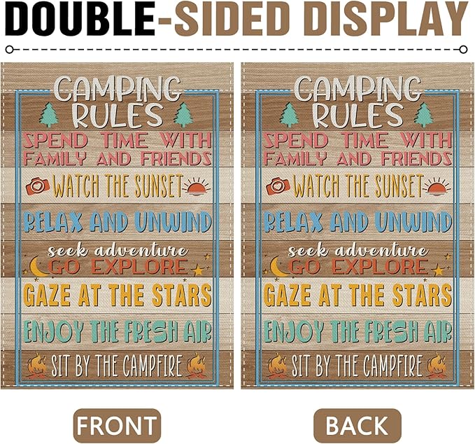 Dyrenson Camping Rules Decorative Garden Flag, Rustic Camper Outdoor Adventure Yard Home Decoration, Farmhouse Campsite Burlap Outside Small Decor Double Sided 12 x 18