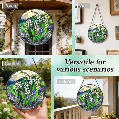 Stained Glass Window Hanging - 6.3 Inch Lily of The Valley Stained Glass, Lily of The Valley Decor for Window Home Door Wall Garden Outdoor and Christmas Mother's Day Birthday, Gifts for Women Men Mom