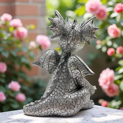 Cute Dragon Reading Book Statue, 5.9-Inch Tall Dinosaur Holding Butterfly Figurines Art Resin Sculpture Outdoor Garden Decor Home Desk Ornaments