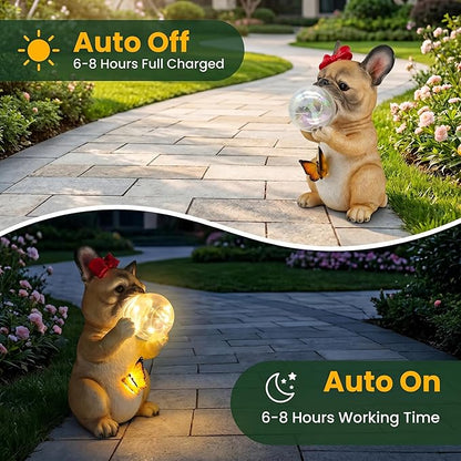 Solar Garden Dog Statue, French Bulldog Garden Statue with LED Bubble and Butterfly, Detachable Outdoor Decorative Stake, Waterproof Yard Decor for Patio, Lawn, Porch, Holiday and Birthday Gifts