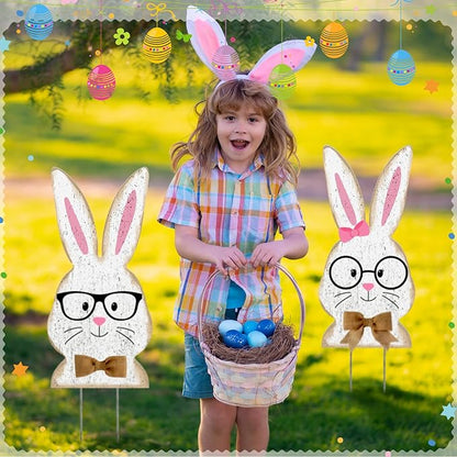 2 Pcs Easter/Spring Outdoor Decorations 16 Inch Easter Yard Signs Metal Pastel Gnome/Rustic Bunny/Lavender Garden Stakes for Home Outside Pathway Lawn Backyard Patio Farmhouse Party Decor(Rabbit)
