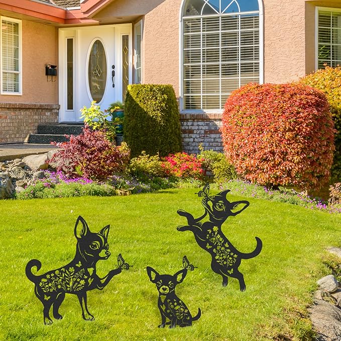 Garden Decor for Outside - 3 Pcs Chihuahua Statue Metal Yard Stakes Waterproof Black Animal Silhouette Ornaments Patio Lawn Pathway Backyard Decorations Cute Birthday Gifts for Dog Lover