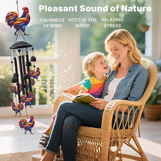 Chicken Wind Chimes for Outside, Black Metal Windchimes Outdoors, Chickens Gifts for Women/Men, Garden/Yard Decor, Memorial/Birthday Gifts for Grandma/Mom, Durable Chimes for Outdoors