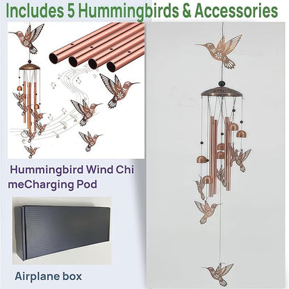 Outdoor Hummingbird Wind Chime, Black Metal Commemorative Gift of 7 Handmade Hummingbirds, Consolation Gift for Garden, Yard, Mother, Grandmother