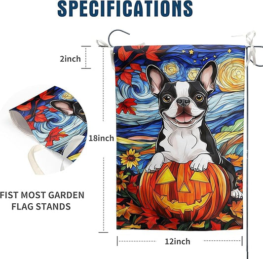 Stained Glass Boston Terrier Fall Garden Flag Halloween Pumpkin Yard Signs Autumn Sunflower Thanksgiving Banner for Outside 12x18 Double Sided Small Dog Outdoor Decorative