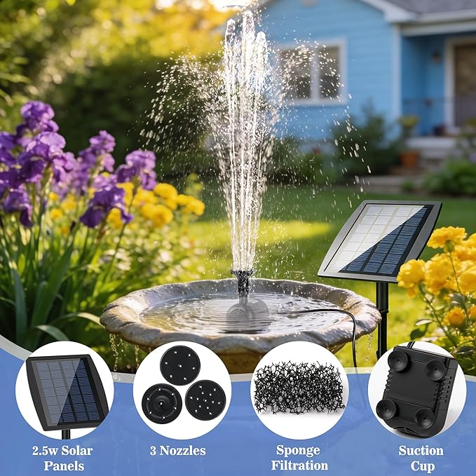 2.5W Solar Water Pump with 3 Spray Nozzles, 3.94FT Tubing, 9.85FT Power Cable, DIY Solar Water Fountain for Garden, Yard, Water Feature
