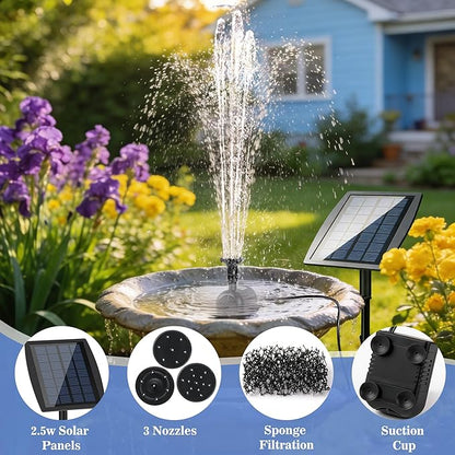 2.5W Solar Water Pump with 3 Spray Nozzles, 3.94FT Tubing, 9.85FT Power Cable, DIY Solar Water Fountain for Garden, Yard, Water Feature