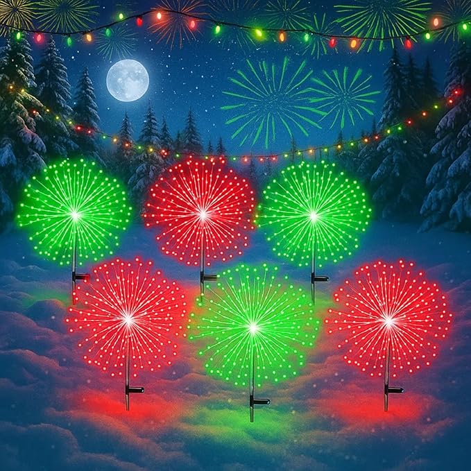 Tujoe 6 Pcs Christmas in July Solar Firework Stake Lights 180 LED 8 Modes Solar Waterproof LED Sparkler Lights Outdoor Decoration for Garden Patio Yard Pathway Walkway Lawn (Red, Green)