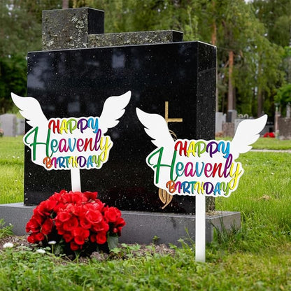 AceOrbit 2 Pcs 13.8 X 7.9 Inches Large Happy Birthday in Heaven Decorations Cemetery Decorations for Grave Metal Memorial Remembrance Stake, Grave Markers for Human Cemetery Yard Site Outdoor (White)
