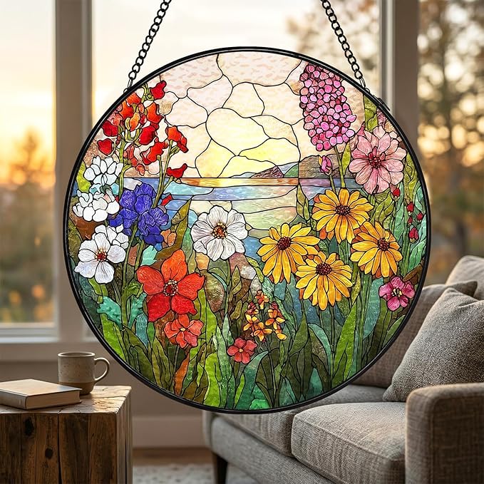 Stained Glass Sun Catcher Window Hanging - Wildflowers Green Plants Design, Indoor Decor Gifts for Mother's Day, Birthday, Christmas - Perfect for Women, Men, Mom Home Window Decor(Wildflowers) 7.8in