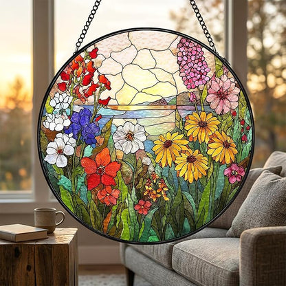 Stained Glass Sun Catcher Window Hanging - Wildflowers Green Plants Design, Indoor Decor Gifts for Mother's Day, Birthday, Christmas - Perfect for Women, Men, Mom Home Window Decor(Wildflowers) 7.8in