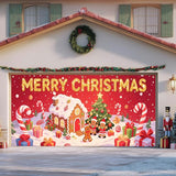 IVN Christmas Garage Door Cover Decoration 13x6ft Gingerbread House Christmas Tree Candy Path Merry Christmas Garage Door Banner Home Door Front Yard Decor for Xmas Eve Holiday Outdoor