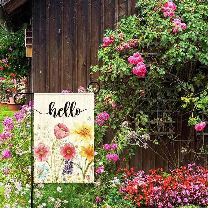 Spring Flowers Garden Flag for Outside,Hello Spring Garden Flag Yard Lawn Porch Flags for Outdoor Decorations 12x18 Inch Double Sided