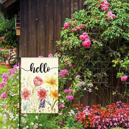 Spring Flowers Garden Flag for Outside,Hello Spring Garden Flag Yard Lawn Porch Flags for Outdoor Decorations 12x18 Inch Double Sided