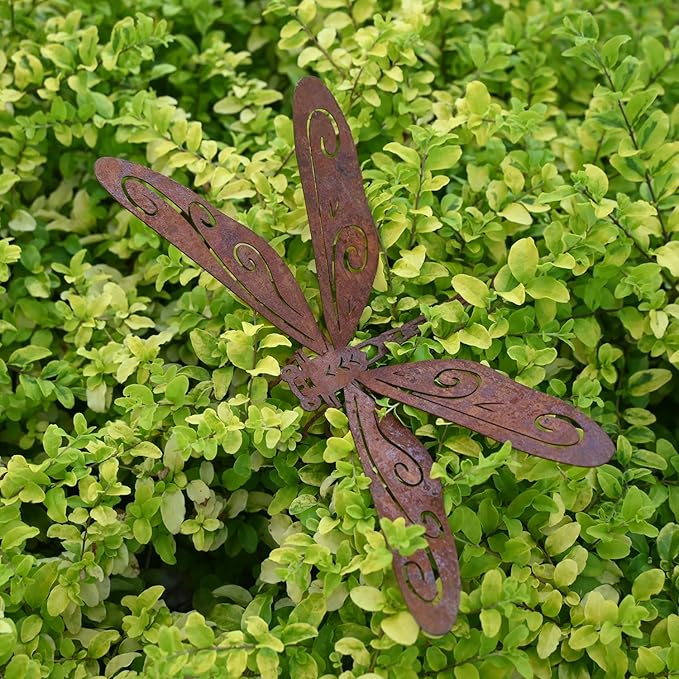 2 Pack Rusty Dragonfly Garden Decor, Metal Dragonfly Outdoor Yard Decor, Colorable Dragonflies Outdoor Statues Ornaments - Garden Sculptures and Yard Art, Fence Decorations Outdoor
