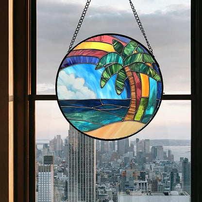 CHATYOUNG Stained Glass Window Hanging Abstract Ocean Coconut Tree Large 11.8" - Color Suncatcher Door Garden Home Decor and Christmas Mother's Day Birthday Gift for Grandma Nana and Mom Women Friend