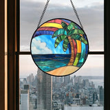 CHATYOUNG Stained Glass Window Hanging Abstract Ocean Coconut Tree 7.8" - Color Suncatcher Door Garden Home Decor and Christmas Mother's Day Birthday Gift for Grandma Nana and Mom Women Friend