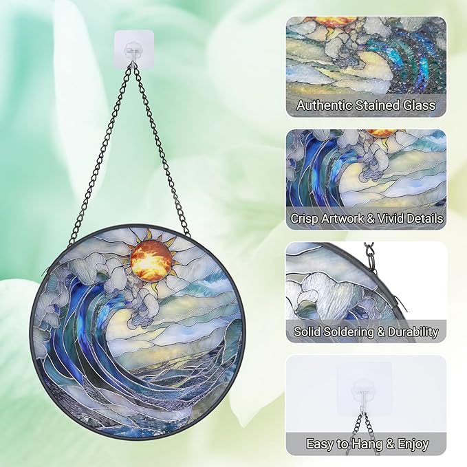 Stained Glass Window Hanging - 6.3 Inch Blue and White Waves Suncatcher, Sea Glass for Window Home Door Wall Garden Outdoor Decor and Christmas Birthday, Ocean Waves Sun Catcher Gifts for Women Men