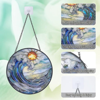 Stained Glass Window Hanging - 6.3 Inch Blue and White Waves Suncatcher, Sea Glass for Window Home Door Wall Garden Outdoor Decor and Christmas Birthday, Ocean Waves Sun Catcher Gifts for Women Men