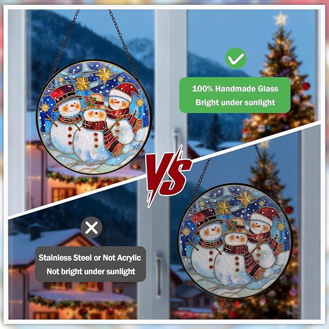 Christmas Decorations Stained Glass Window Hanging, Snowman Suncatcher for Window Hanging, Sun Catchers Indoor Windows Wall Art for Mom Grandma, Christmas Decor or Home Garden Office 7.87 inches
