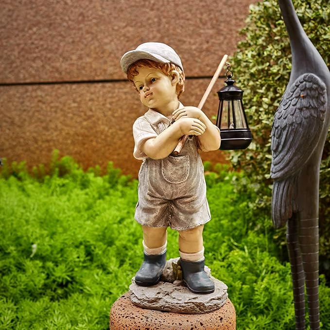 Solar Boy Statue, Boy Garden Statues with Solar Lantern for Garden, Patio, Lawn, Yard, Housewarming, Hand-Painted Sculpted Figure, 17.5”H