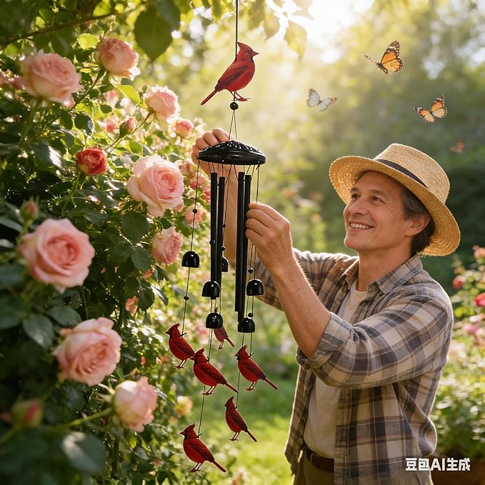 Cardinal Black Metal Wind Chimes for Outside, Memorial Garden Decor, Outdoor Windchimes, Decorative Cardinal Gifts for Women and Men (Cardinal)