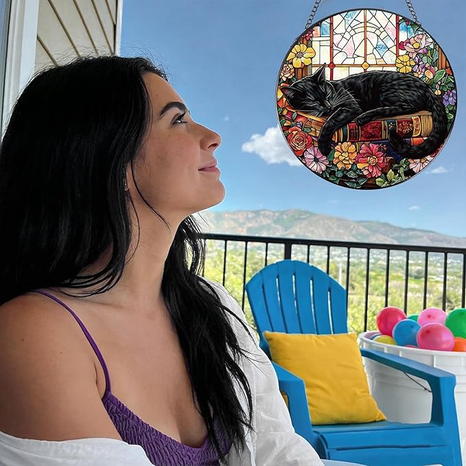 Rngmsi Stained Glass Window Hanging, 7.8″ Cat and Flower Sun Catchers with Hook Indoor Window Decor, Decorative Suncatchers Hanging Ornaments Home Garden Art Gift for Housewarming