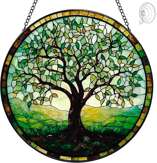 Mom Grandma Gift, Tree of Life Suncatcher, Stained Glass Window Hanging, Sun Catchers Indoor Window, Handmade Suncatchers for Windows Hanging, Spring Home Garden Decor Glass Panel