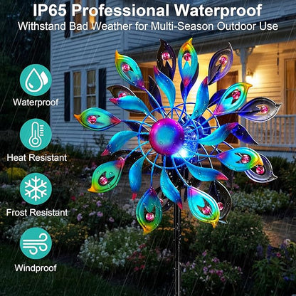 360°Peacock Solar Wind Spinner with Lights Blue Metal Garden Outdoor Decor Yard Lawn Art Decor for Patio Kinetic Windmills Unique Gifts for Friends and Family 51.9' H x 12.2'' Dia