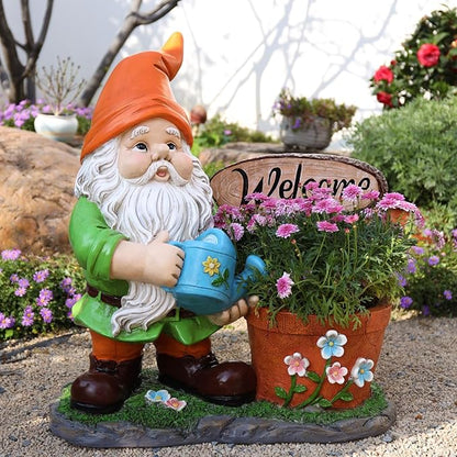 Gnome Garden Statue Planter with Welcome Sign, Waterproof Outdoor Resin Flower Pot, Yard Lawn Patio Decor, Front Porch Ornament Housewarming Gift(Orange Hat Gnome)